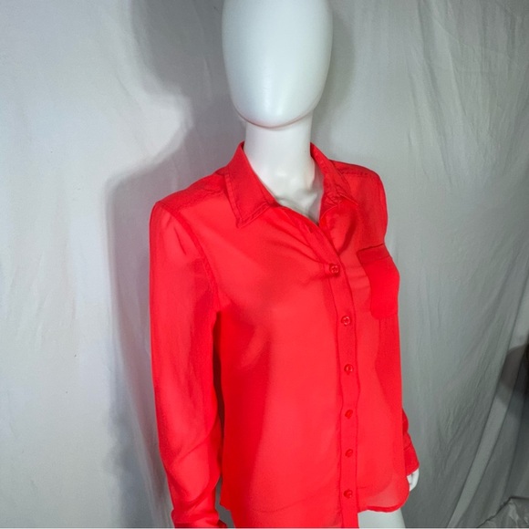 American Eagle Women’s Neon Coral Sheer Long Sleeve Button Down Blouse - Picture 2 of 7